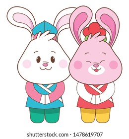 Rabbits in mid autumn festival greeting and smiling cartoons isolated, vector illustration graphic design.