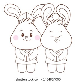 Rabbits in mid autumn festival greeting and smiling cartoons ,vector illustration graphic design.