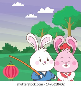 Rabbits in mid autumn festival with lanterns cartoons in the forest, landscape background ,vector illustration graphic design.