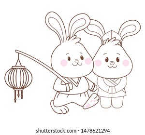 Rabbits in mid autumn festival with lanterns cartoons ,vector illustration graphic design.