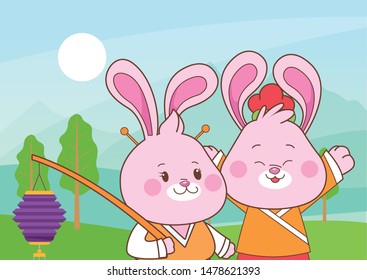 Rabbits in mid autumn festival with lanterns cartoons in the forest, landscape background with sun ,vector illustration graphic design.