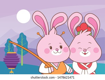 Rabbits in mid autumn festival with lanterns cartoons in the forest, landscape background with sun ,vector illustration graphic design.