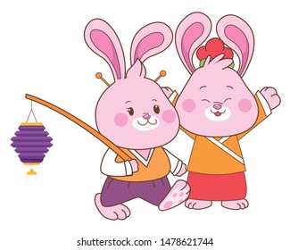 Rabbits in mid autumn festival with lanterns cartoons isolated ,vector illustration graphic design.