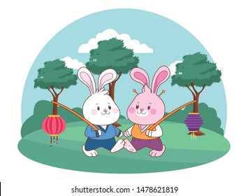 Rabbits in mid autumn festival with lanterns cartoons in the forest, landscape background vector illustration graphic design.