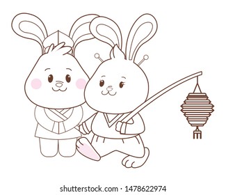 Rabbits in mid autumn festival with lanterns cartoons ,vector illustration graphic design.