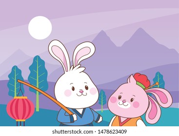 Rabbits in mid autumn festival with lanterns cartoons in the forest, landscape background with sun ,vector illustration graphic design.