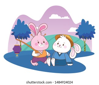 Rabbits in mid autumn festival with lanterns cartoons in the forest, landscape background vector illustration graphic design.