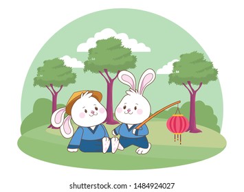 Rabbits in mid autumn festival with lanterns cartoons in the forest, landscape background vector illustration graphic design.