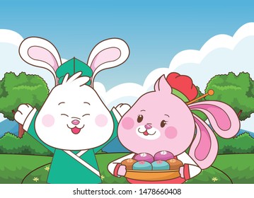 Rabbits in mid autumn festival with mooncakes cartoons in the forest, landscape background ,vector illustration graphic design.