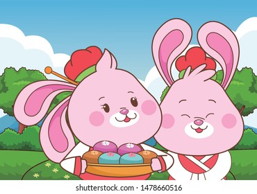 Rabbits in mid autumn festival with mooncakes cartoons in the forest, landscape background ,vector illustration graphic design.