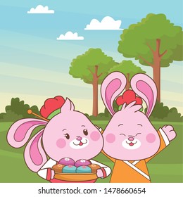 Rabbits in mid autumn festival with mooncakes cartoons in the forest, landscape background ,vector illustration graphic design.