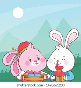 Rabbits in mid autumn festival with mooncakes and gift bag cartoons in the forest, landscape background with sun ,vector illustration graphic design.