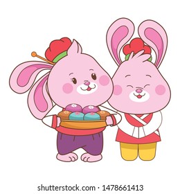 Rabbits in mid autumn festival with mooncakes cartoons isolated ,vector illustration graphic design.