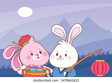 Rabbits in mid autumn festival with mooncakes and lantern cartoons in the forest, landscape background with sun ,vector illustration graphic design.