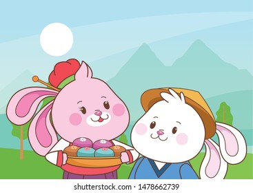 Rabbits in mid autumn festival with mooncakes cartoons in the forest, landscape background with sun ,vector illustration graphic design.
