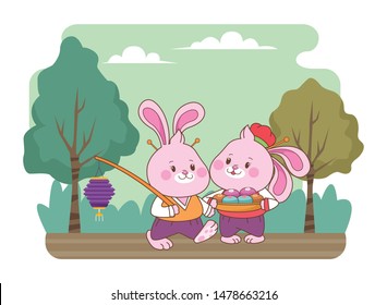 Rabbits in mid autumn festival with mooncakes and lantern cartoons in the forest, landscape background vector illustration graphic design.