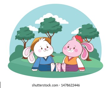 Rabbits in mid autumn festival seated and smiling cartoons in the forest, landscape background vector illustration graphic design.