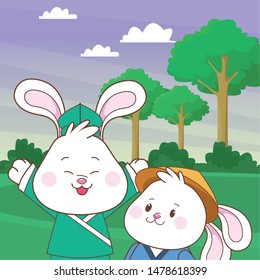 Rabbits in mid autumn festival smiling and seated cartoons in the forest, landscape background ,vector illustration graphic design.