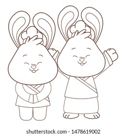 Rabbits in mid autumn festival smiling and greeting with arms up cartoons ,vector illustration graphic design.
