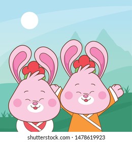 Rabbits in mid autumn festival smiling and greeting with arms up cartoons in the forest, landscape background with sun, vector illustration graphic design.