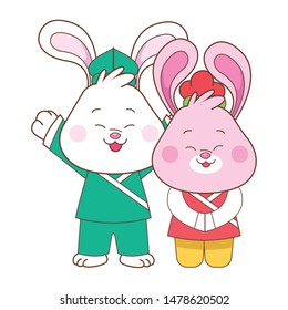 Rabbits in mid autumn festival smiling and greeting with arms up cartoons isolated ,vector illustration graphic design.