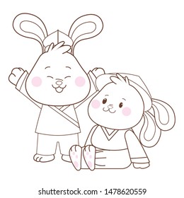 Rabbits in mid autumn festival smiling and seated cartoons ,vector illustration graphic design.