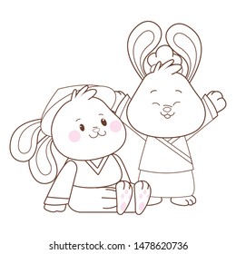 Rabbits in mid autumn festival smiling and seated cartoons ,vector illustration graphic design.