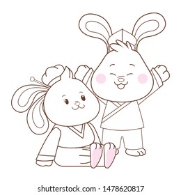 Rabbits in mid autumn festival smiling and seated cartoons, vector illustration graphic design.