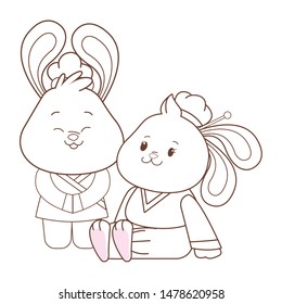 Rabbits in mid autumn festival smiling and seated cartoons ,vector illustration graphic design.