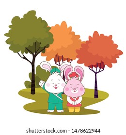 Rabbits in mid autumn festival smiling and greeting with arms up cartoons in the forest, landscape background vector illustration graphic design.