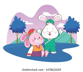 Rabbits in mid autumn festival smiling and seated cartoons in the forest, landscape background vector illustration graphic design.
