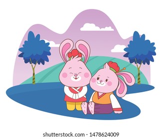 Rabbits in mid autumn festival smiling and seated cartoons in the forest, landscape background vector illustration graphic design.