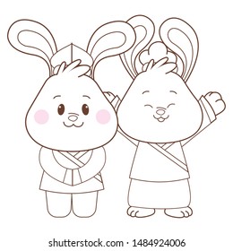 Rabbits in mid autumn festival smiling and greeting with arms up cartoons ,vector illustration graphic design.