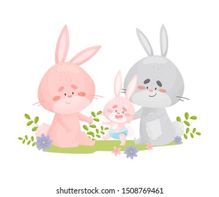 Rabbits mom and dad teach the baby to walk. Vector illustration on a white background.