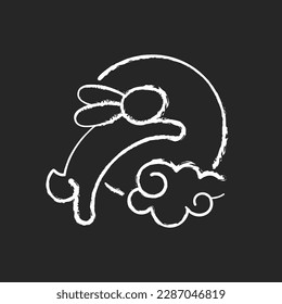 Rabbits and moon chalk white icon on black background. Moon hare. Immortal jade rabbit. Mid-autumn festival. Mythical figure. Chinese, zodiac folklore. Isolated vector chalkboard illustration