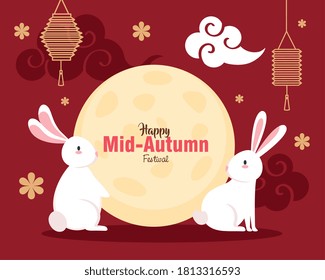 rabbits with moon lanterns and clouds design, Happy mid autumn harvest festival oriental chinese and celebration theme Vector illustration