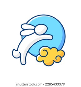 Rabbits and moon RGB color icon. Moon hare. Immortal jade rabbit. Mid-autumn festival. Mythical figure. Chinese, zodiac folklore. Rice cakes, mooncakes making. Isolated vector illustration
