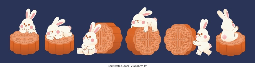 Rabbits With Mooncakes: A Festive Celebration of Mid-Autumn Festival, Vector, Illustration
