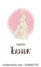 Rabbits mother with kids. Easter card, poster template on white background