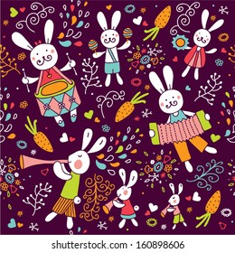 Rabbits musicians. Children's vector a seamless pattern.