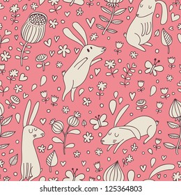 Rabbits on flower meadow. Cartoon seamless pattern with nice cute hares in vector.