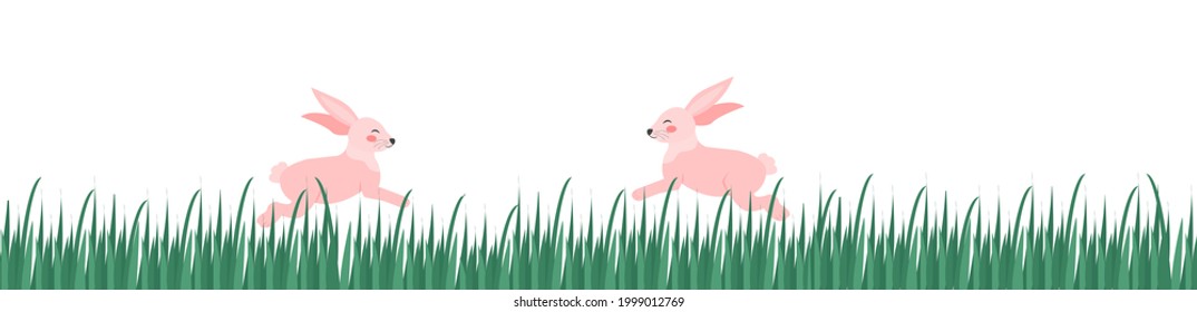 Rabbits on the green grass long banner. Chuseok or easter concept. Vector illustration