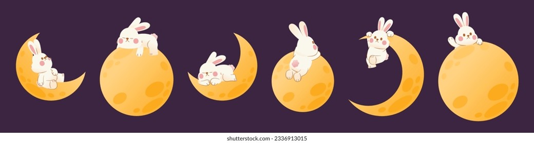 Conejos en la luna, celebración del Festival de Mediados de Otoño, poismos conejos en luna llena y luna creciente, vector, ilustración