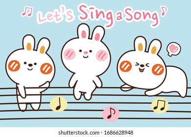 Rabbits musical note cartoon background  Cute baby bunny hand drawn  Animals character design  Let's sing song writing  Banner  Vector  Illustration 
