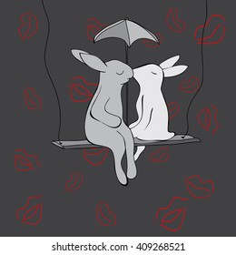 rabbits on a swing against the backdrop of kisses