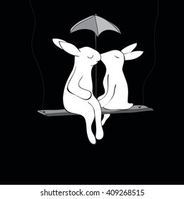 rabbits on a swing on a black background