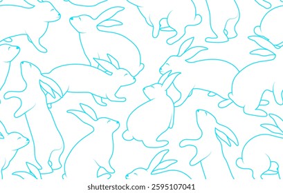 Rabbits outlined in a light blue stroke seamless pattern. The rabbits are in various poses, such as sitting, standing, and leaping, creating a dynamic and playful composition.