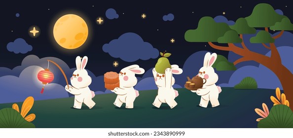 Rabbits Parade in Mid Autumn Festival Carry Festival Objects, Vector, Illustration