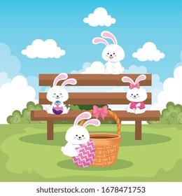 rabbits in park scene with eggs easter decorated vector illustration design