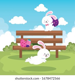 rabbits in park scene with eggs easter decorated vector illustration design